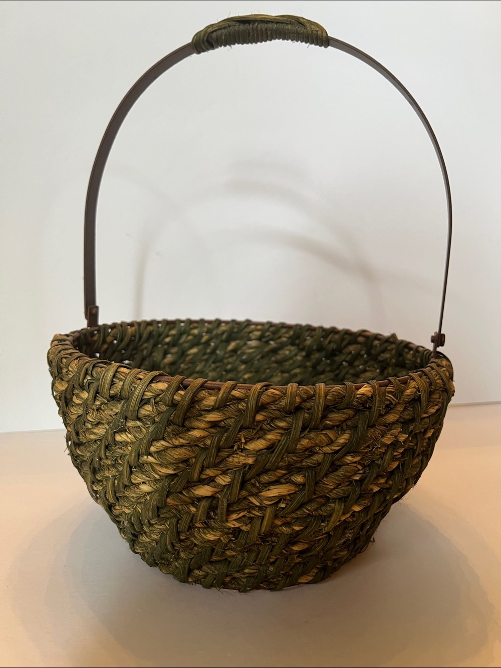Vintage Green Hand Woven Basket with Handle Wire Mesh Bottom